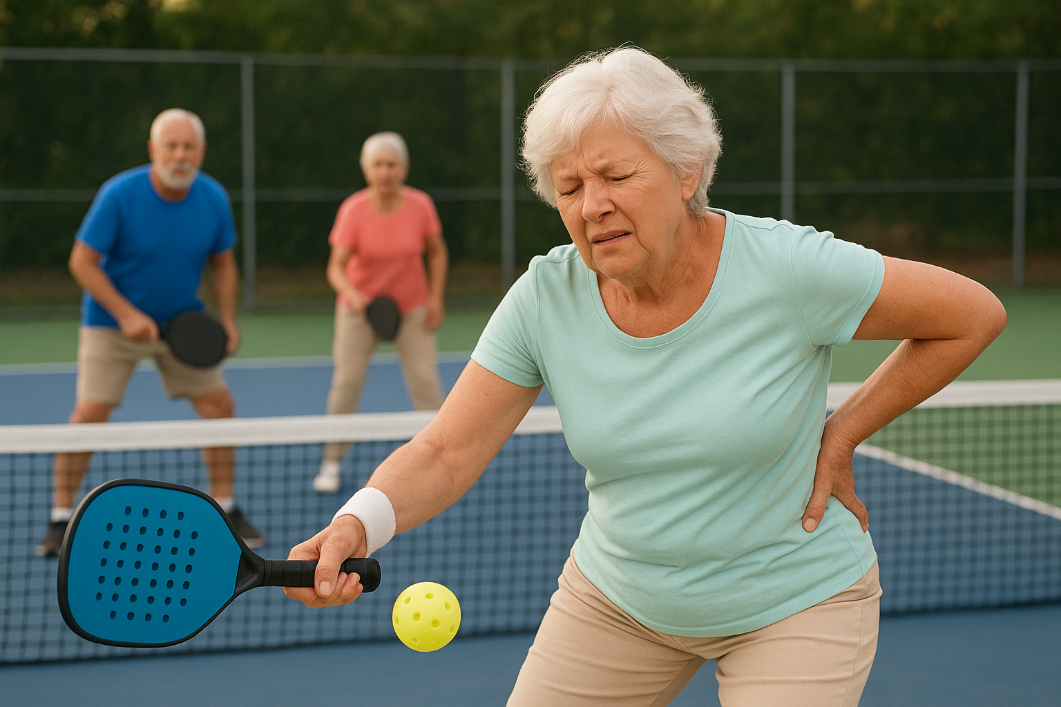 Woman playing pickleball with lower back pain
